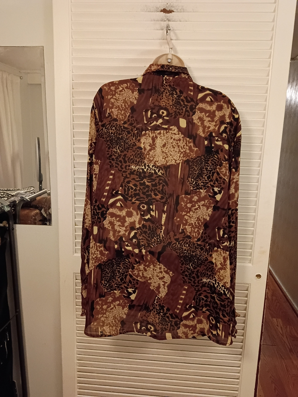 Brown Printed Ruffle-Front Button Down Blouse - Picture 6 of 7